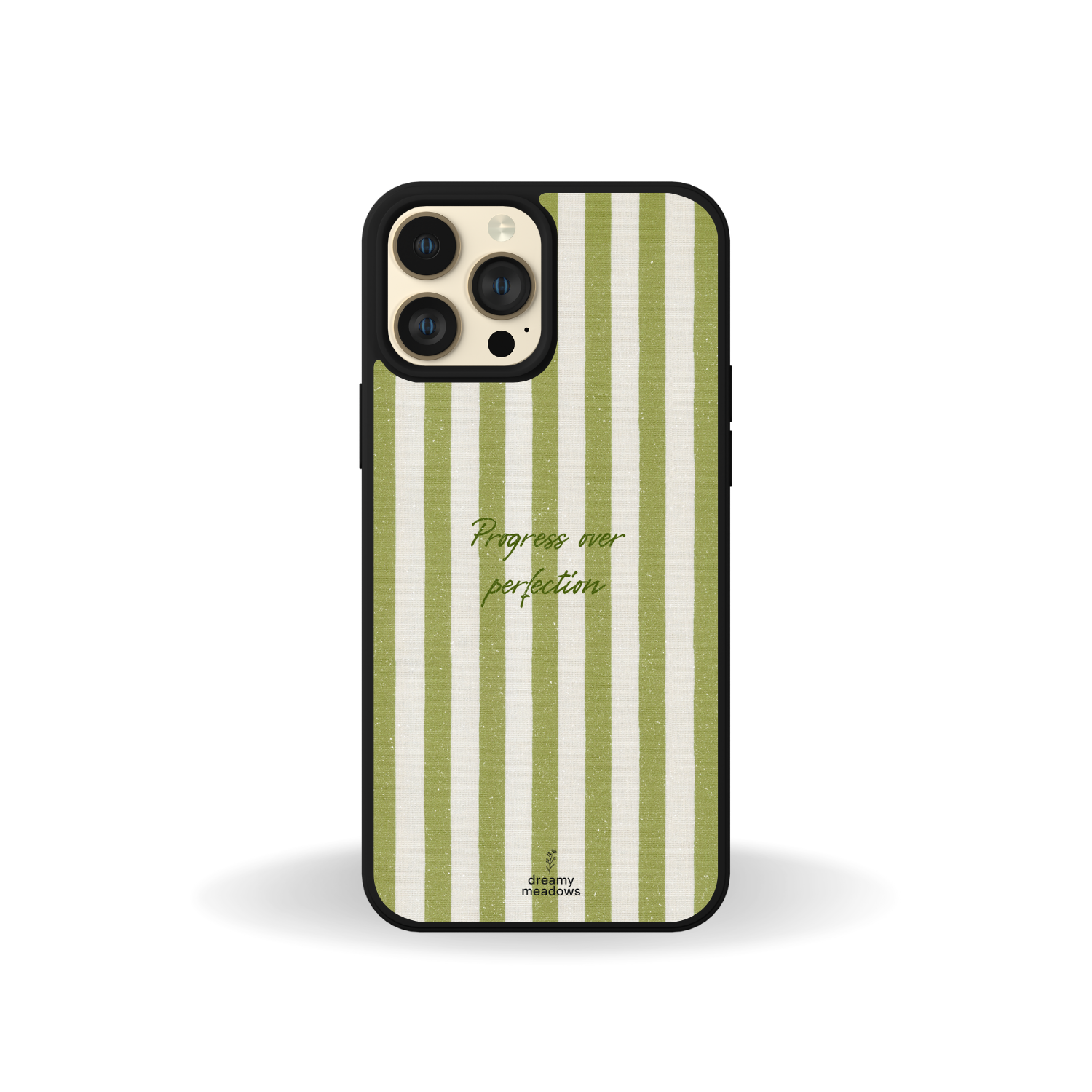 Phone case with green and white striped pattern and text on a white background
